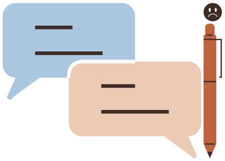 Speech bubbles in blue and beige with blank lines, pen with sad face implying frustration or miscommunication. Ideal for communication barriers, emotional messaging, feedback, online chatting, socialのイラスト素材