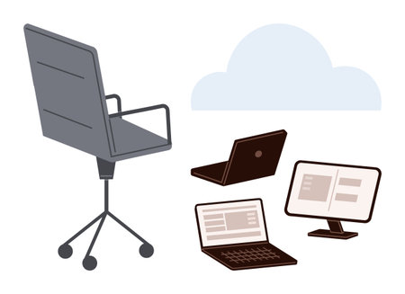 Office chair and scattered work devices including laptop, desktop, and cloud icon emphasize digitization and remote collaboration. Ideal for technology, productivity, remote work, cloud computingのイラスト素材