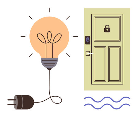 Glowing light bulb with plug next to secure locked door with keycard scanner, representing innovation, security, energy, technology, creativity, access, and protection. Ideal for simple flat metaphorのイラスト素材