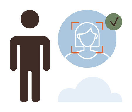 Abstract representation of identity verification through face recognition, human figure, and cloud storage. Ideal for authentication, AI, data privacy, cloud computing, cybersecurity, biometricsのイラスト素材
