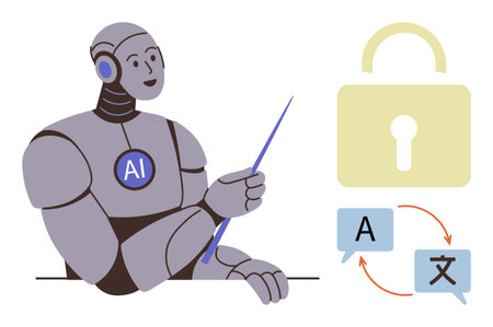 AI robot holding pointer explains interaction between translation and security featuring speech bubbles and lock. Ideal for language, technology, AI, communication, education, cybersecurity, simpleのイラスト素材