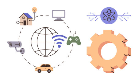 Global network linking smart home, computer, surveillance camera, car, game controller with science and settings. Ideal for IoT, connectivity, innovation, cybersecurity data automation futureのイラスト素材