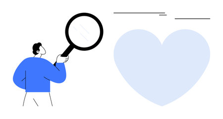 Man holding magnifying glass examines large heart, representing love, relationships, kindness, self-care, connection, focus, and exploration. Ideal for themes of empathy emotional growth healthのイラスト素材