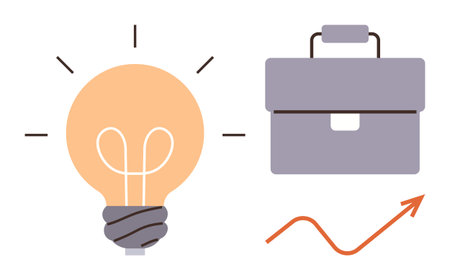Lightbulb icon radiating ideas, a professional briefcase symbolizing work, and an upward arrow for growth. Ideal for success, progress, strategy, innovation, planning, entrepreneurship simple flatのイラスト素材
