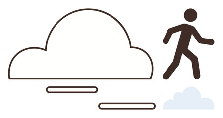 Stick figure stepping on floating blocks towards clouds, reflecting progress, aspiration, success, vision, opportunity. Ideal for leadership, determination, creativity motivation career optimism -のイラスト素材