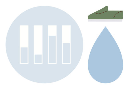 Green shoe next to water drop and bar chart symbolizing resource conservation, usage monitoring, and environmental care. Ideal for sustainability, water management, eco-awareness, minimalism, natureのイラスト素材
