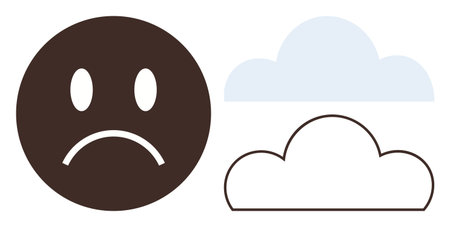 Frowning face with outlined and filled clouds symbolizing sadness, loneliness, or mental health struggles. Ideal for mental health, stress, emotions, depression, weather, motivation simple flatのイラスト素材