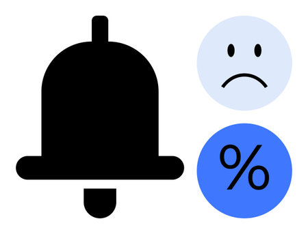 Notification concept. Notification bell, sad face, and percentage symbols indicating alerts, user emotions, and risk management. Notification systems, app interfaces, finance marketing UX designのイラスト素材