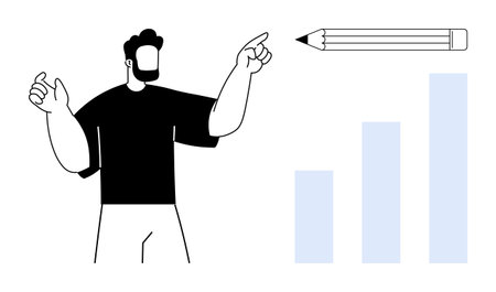 Man gesturing towards a floating pencil and a bar graph symbolizing creativity, growth, and progress. Ideal for education, business strategy, presentation, innovation, development, leadership simpleのイラスト素材