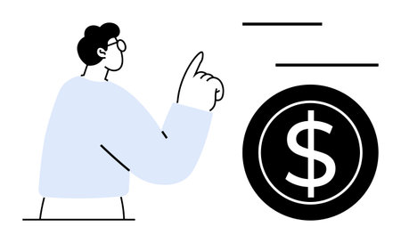 Individual pointing upward beside a prominent dollar coin, representing financial advice, earnings, or strategy. Ideal for finance, savings, investment, consulting, business economics simple flatのイラスト素材
