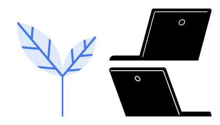 Stylized leaf for nature with two minimalist black laptops representing connection between modern technology and sustainable living. Ideal for ecology, business, innovation, technology, eco-growthのイラスト素材