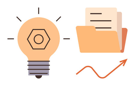 Lightbulb for innovative ideas, folder with papers for organization, and upward arrow for growth. Ideal for productivity, innovation, strategy, achievement, progress success planning. Simple flatのイラスト素材