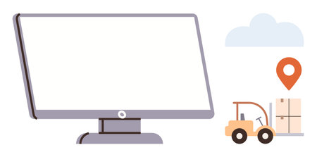 Desktop monitor beside map marker, forklift moving boxes, and cloud. Ideal for logistics, delivery, supply chain, freight, e-commerce inventory location tracking. A simple flat metaphorのイラスト素材