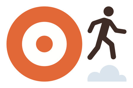 Target with bold center, person stepping forward over a small cloud. Ideal for goal setting, planning, success, achievement, leadership, vision personal growth. Simple flat metaphorのイラスト素材