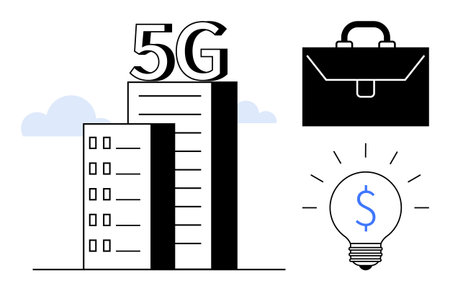 High-rise buildings topped with 5G text, briefcase symbolizing business, and lit lightbulb with dollar sign. Ideal for technology, business, innovation, investment, networking, communication globalのイラスト素材