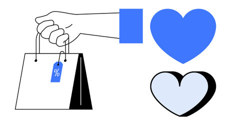 Hand gripping shopping bag with discount tag, large and small heart shapes, symbolizing shopping, love, sales. Ideal for retail, customer loyalty, fashion, marketing e-commerce relationshipsのイラスト素材