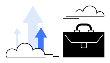 Arrows pointing upward among clouds beside a briefcase represent success, career advancement, and opportunity. Ideal for growth, progress, business goals, ambition, leadership, strategy simple flatのイラスト素材