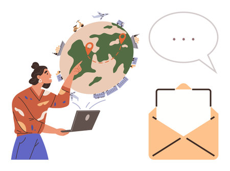 Person using laptop pointing at globe with locations, transportation, and envelopes symbolizing remote work, digital interaction, logistics, networking, connectivity, travel and global reach. Simpleのイラスト素材