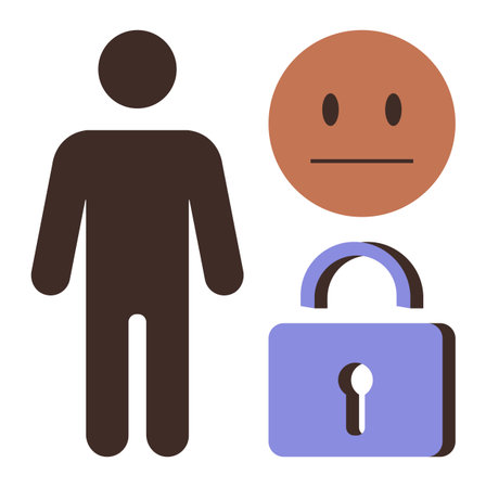 Brown human figure next to neutral face and closed padlock highlighting themes of privacy, emotion, security. Ideal for privacy policy, mental health, identity, emotion, safety, social concernsのイラスト素材
