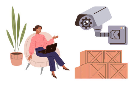 Woman seated with laptop near potted plant, observed by a CCTV camera overlooking stacked boxes. Ideal for remote work, security, logistics, surveillance, e-commerce, privacy, simple flat metaphorのイラスト素材