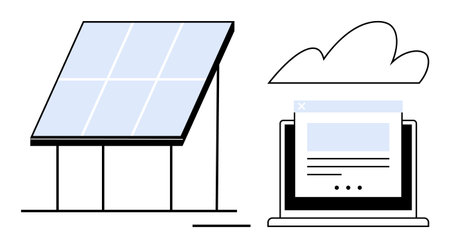 Solar panel beside a laptop with cloud, combining eco-energy with digital technology. Ideal for technology, renewable energy, sustainability, innovation, cloud computing, green solutionsのイラスト素材