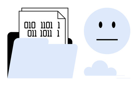 Open folder holding binary code papers next to a neutral face emoticon. Ideal for data storage, technology, emotion, digital privacy, information management, data analysis, simple flat metaphorのイラスト素材