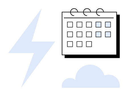 Lightning bolt, calendar with marked dates, and cloud. Ideal for weather, forecasting, planning, agility, workload management, scheduling adaptability and coordination in a simple flat metaphorのイラスト素材