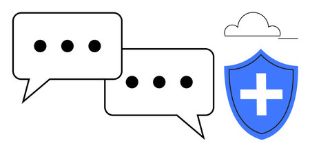Speech bubbles representing conversations and sharing, shield icon symbolizing protection and health, and a cloud signifying backup. Ideal for security, healthcare, cloud computing, data privacyのイラスト素材