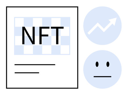 NFT certificate with patterned background, growth chart symbolizing increasing value, neutral face reflecting public sentiment. Ideal for blockchain, cryptocurrency, finance, digital art, innovationのイラスト素材