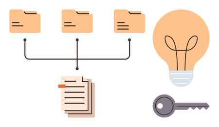 Connected folders lead to documents alongside a lightbulb and key. Ideal for data management,...