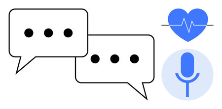 Two speech bubbles with dots, blue heart with heartbeat line, and microphone icon. Ideal for...