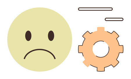 Frowning face next to a spinning gear and motion lines. Ideal for emotions, sadness, frustration, stress, challenges, solutions, productivity. A simple flat metaphorのイラスト素材