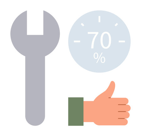 Grey wrench, progress gauge at 70, and hand showing thumbs-up. Ideal for productivity, progress, positive feedback, maintenance, improvement teamwork motivation. Simplistic flat metaphorのイラスト素材