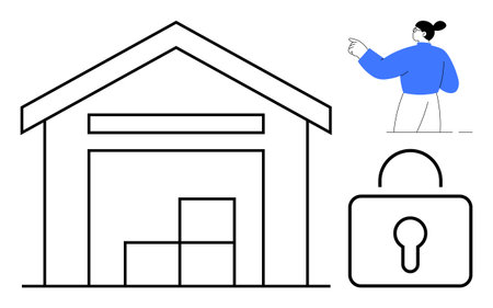 Warehouse with stacked boxes, lock icon emphasizing security, worker overseeing operations. Ideal for logistics, inventory, safety, protection, workplace management secure storage control. Simpleのイラスト素材