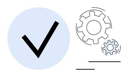 Bold check mark in a blue circle and interconnected gears illustrating successful task completion, workflow, and productivity. Ideal for success, efficiency, teamwork, management, organizationのイラスト素材