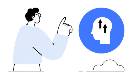 Mind growth concept. A person gestures toward a head symbol with arrows in a blue circle mind growth. Mind growth ideas for psychology, education, success, innovation, developmentのイラスト素材
