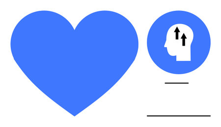 Mind growth concept. Blue head icon with upward arrows growth and learning. Paired with a heart emotions and balance. For psychology, education, wellness branding, and motivationのイラスト素材