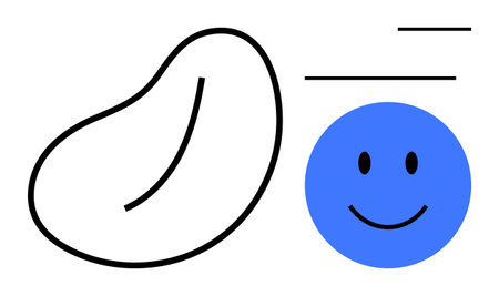 Abstract composition. Abstract design a black organic shape, blue smiling face, and minimal linear elements. Abstract style suits branding, design projects, presentations, and artistic conceptsのイラスト素材