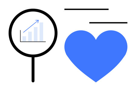 Magnifying glass highlighting growth chart with upward trend alongside a large blue heart. Ideal for business performance, health metrics, innovation, love, growth, analytics, strategy. Simple flatのイラスト素材