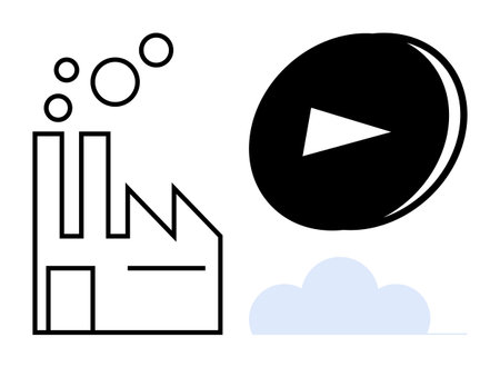 Factory emitting fumes represented with bubbles alongside a bold play button floating above a light cloud. Ideal for industry, pollution, media, production, environmental awareness, sustainabilityのイラスト素材