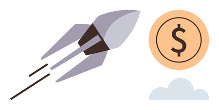 Rocket advancing toward a dollar coin above a cloud, representing innovation, financial growth. Ideal for startup success, investment, economic growth, business goals, rapid progress, wealthのイラスト素材