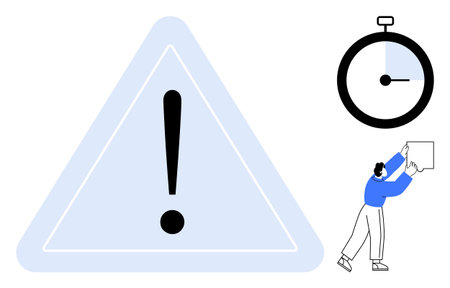 Warning concept. A triangle with an exclamation mark highlights caution messages. Warning d with a stopwatch and person holding a note. For risk management, safety alerts, deadlines, efficiencyのイラスト素材