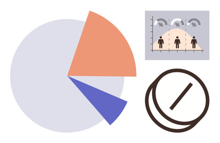 Pie chart, statistical graph with percentiles, and division circle illustrating concepts thumbs up analysis, statistics, segmentation. Ideal for business, research, planning, marketing demographicsのイラスト素材