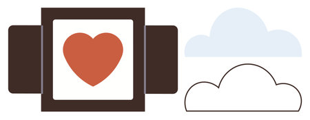 Heart icon on screen framed by dark rectangles, paired with simple cloud icons. Ideal for love, technology, health monitoring, smart devices, connection, data sharing, emotional well-beingのイラスト素材