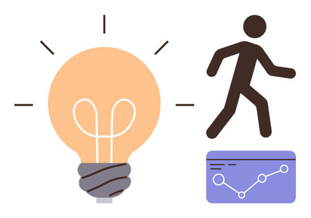 Light bulb representing ideas, figure in action symbolizing progress, and graph highlighting growth. Ideal for innovation, entrepreneurship, success, motivation, leadership, strategy simple flatのイラスト素材