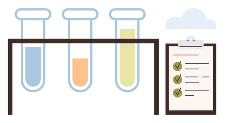 Three test tubes on a rack with different colored liquids next to a clipboard with a checklist. Ideal for science, research, education, chemical testing, data analysis, quality control, healthcareのイラスト素材