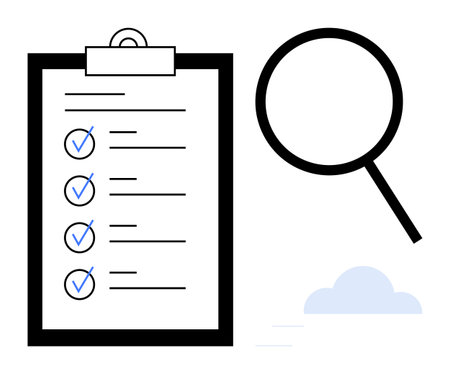 Clipboard with checklist and checkmarks, magnifying glass symbolizing analysis, cloud accent. Ideal for task management, productivity, goal tracking, scrutiny, organization, research evaluationのイラスト素材