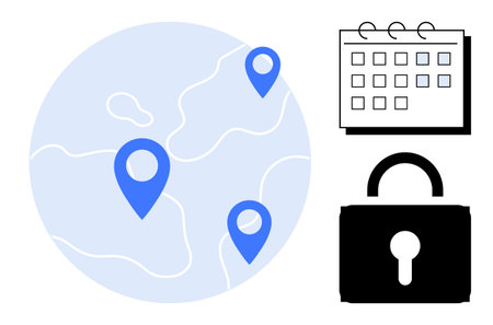 Globe with location markers, calendar, and lock representing navigation, scheduling, security. Ideal for travel planning, data protection, remote work logistics privacy access control. Simple flatのイラスト素材