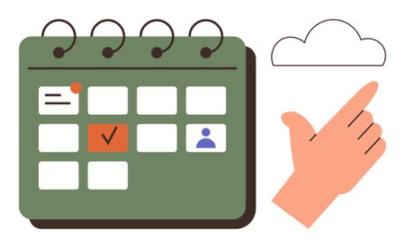 Calendar with highlighted dates, profile icon, tick mark, hand interacting with cloud. Ideal for planning, scheduling, organization, digital tools, time management cloud technology visualのイラスト素材
