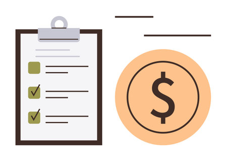 Clipboard with checklist next to a dollar sign symbolizes financial planning, budgeting, and task prioritization. Ideal for business, personal finance, productivity, checklist, savings, goals simpleのイラスト素材